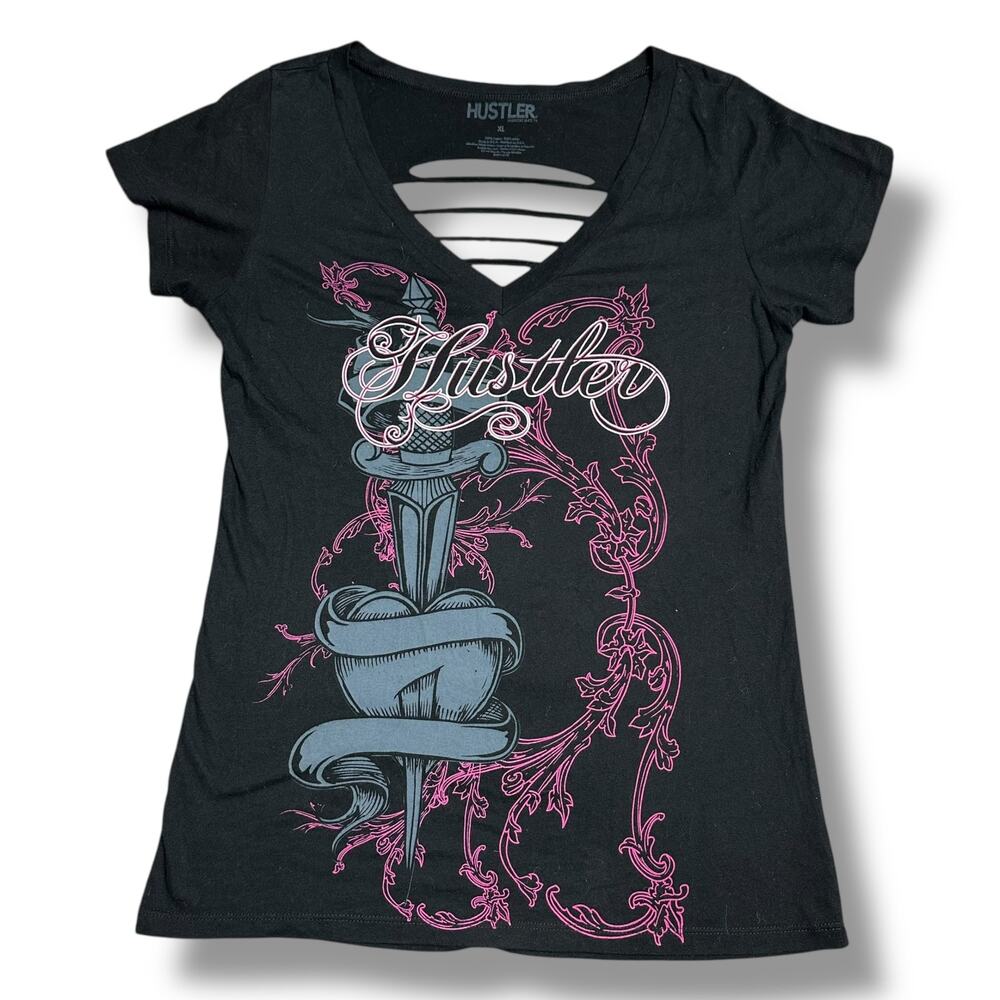 Vintage Y2K Hustler Cutout Shirt Tattoo Graphic Sword Dagger Heart Pink Black XL